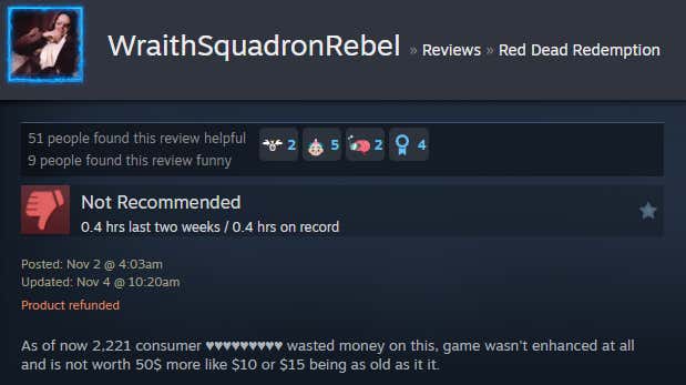 Screenshot of the article titled Red Dead Redemption Remaster, As Reported by Steam Reviews